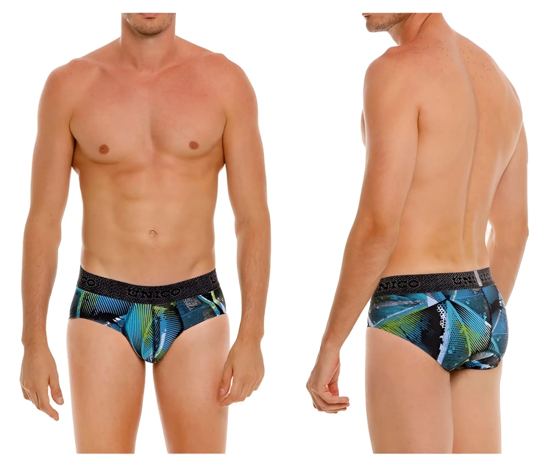 Men’s unico 24080101117 trino briefs in blue and green tropical leaf pattern with black elastic waistband