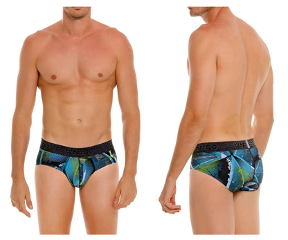 Men’s unico 24080101117 trino briefs in blue and green tropical leaf pattern with black elastic waistband