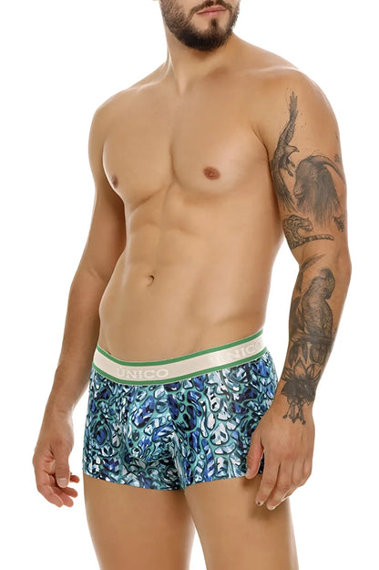 Blue and green patterned Unico 24100100101 Titanico trunks with white elastic waistband boxer briefs