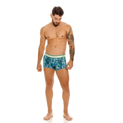 Men’s unico 24100100101 titanico trunks in teal and green patterned fabric with white waistband boxer briefs
