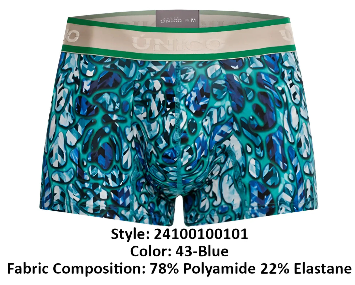 Unico 24100100101 titanico trunks blue boxer briefs with teal navy abstract leaf pattern and green beige waistband