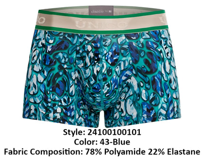 Unico 24100100101 titanico trunks blue boxer briefs with teal navy abstract leaf pattern and green beige waistband