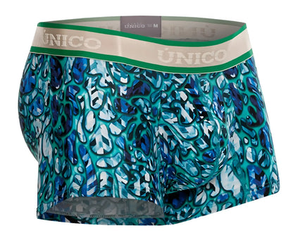 Teal and blue abstract patterned Unico mens boxer briefs with green and beige waistband from the Titanico trunks series