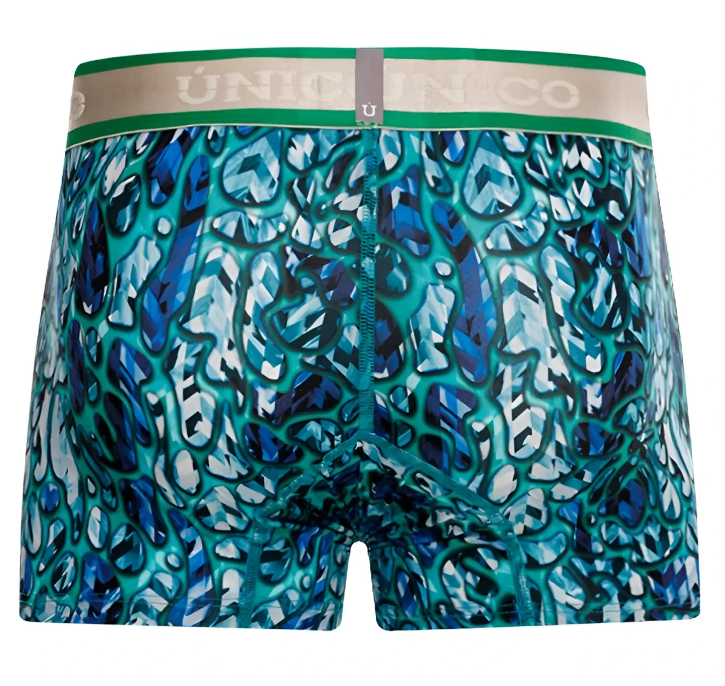 Unico 24100100101 Titanico trunks blue teal abstract patterned boxer briefs with green waistband and Unico branding