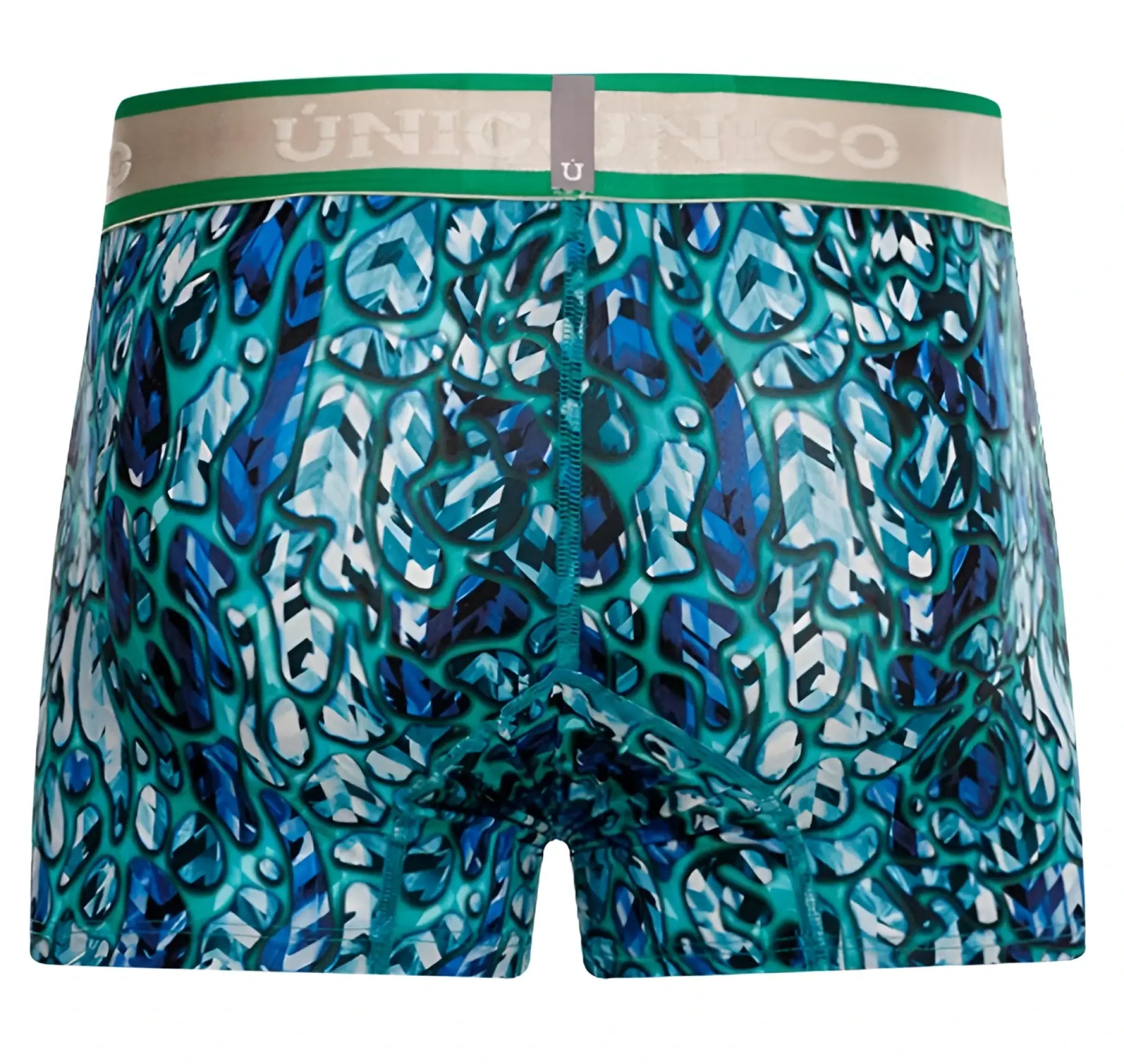 Unico 24100100101 Titanico trunks blue teal abstract patterned boxer briefs with green waistband and Unico branding