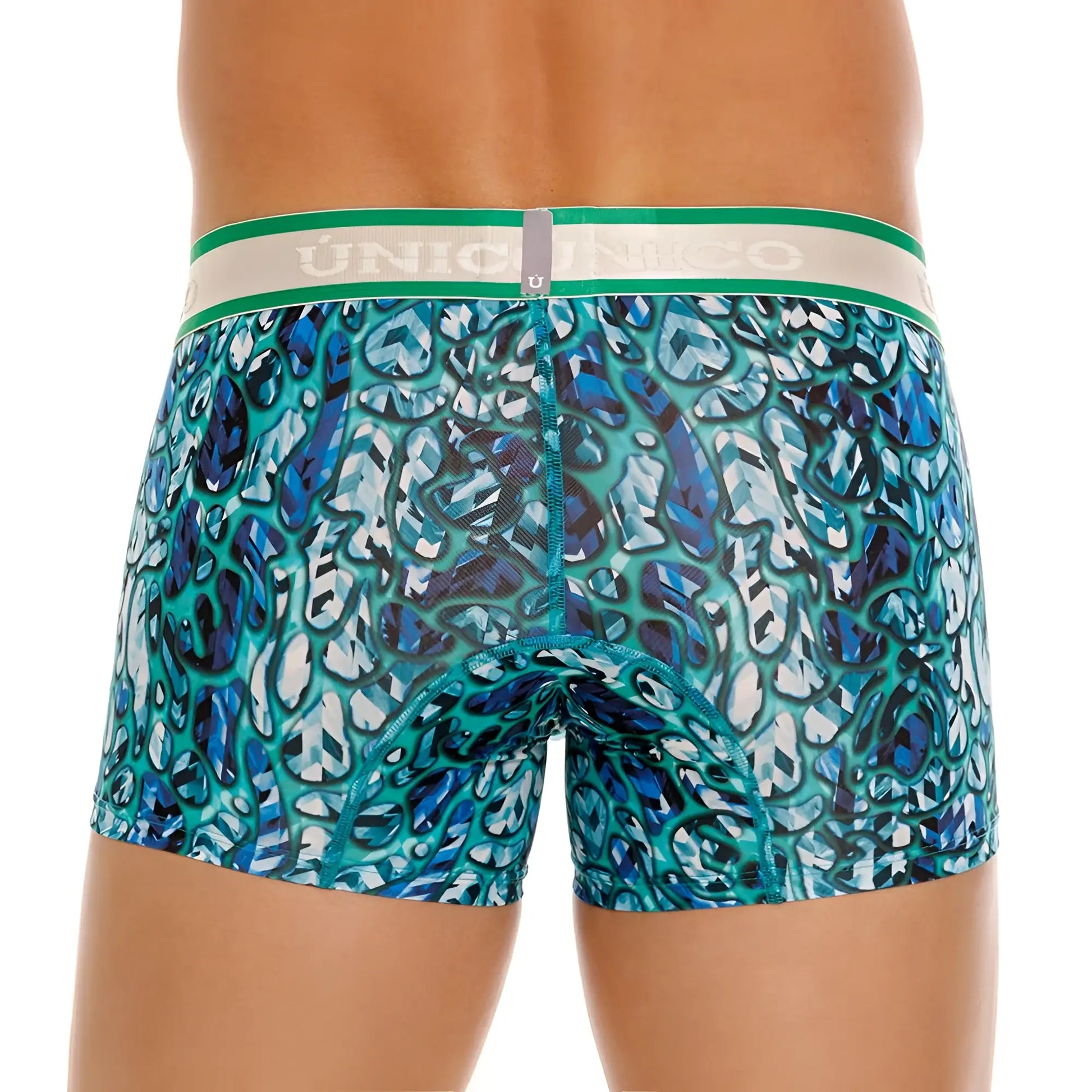 Teal and blue abstract patterned unico titanico trunks with green and white waistband in color 43 blue