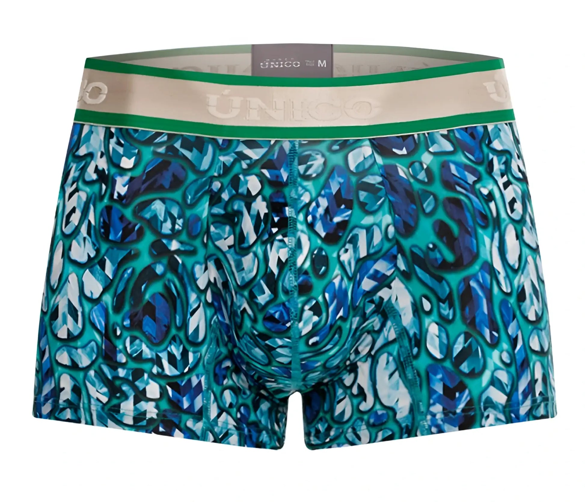 Teal and blue abstract patterned men’s boxer briefs with green and beige unico elastic waistband titanico trunks