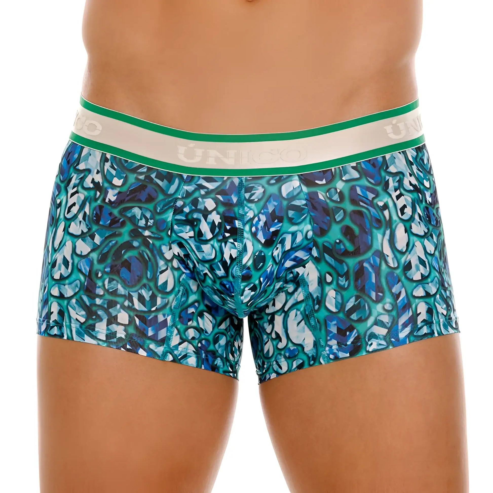 Unico 24100100101 titanico trunks in teal and blue geometric pattern with green and white elastic waistband boxer briefs