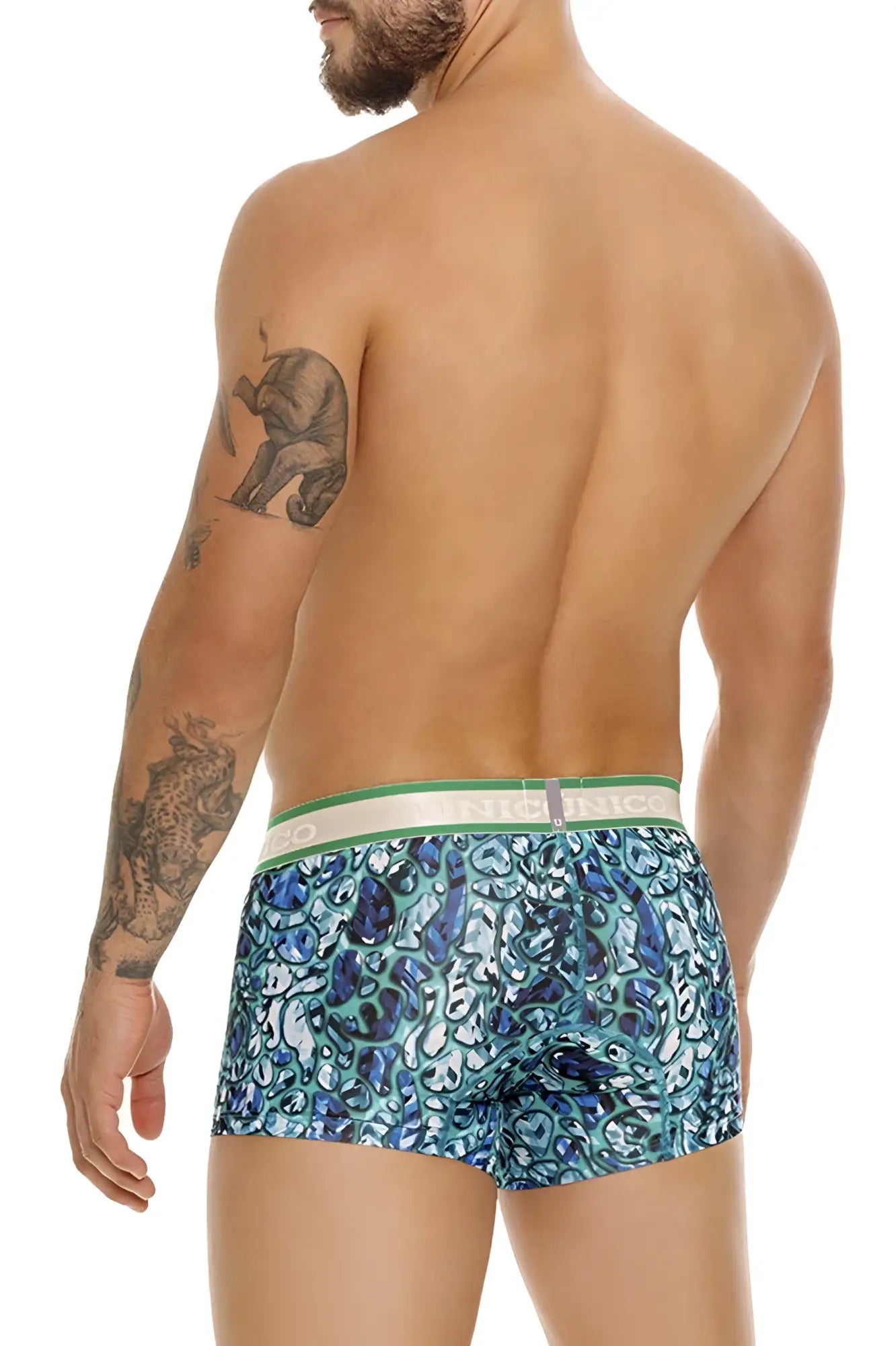 Blue and teal patterned boxer briefs with green and white waistband unisex trunks from Unico 24100100101 Titanico