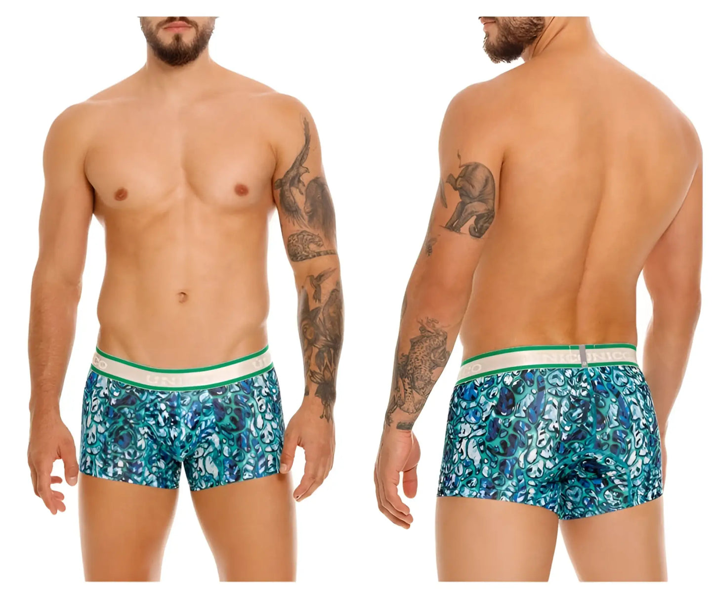 Blue and teal patterned unico 24100100101 titanico trunks boxer briefs with white elastic waistband and brand name