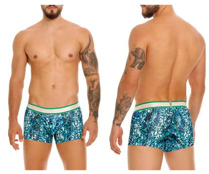 Blue and teal patterned unico 24100100101 titanico trunks boxer briefs with white elastic waistband and brand name