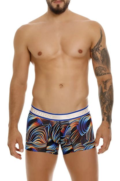 Men’s unico 24100100104 calamo trunks boxer briefs with vibrant blue orange purple swirl pattern and white waistband