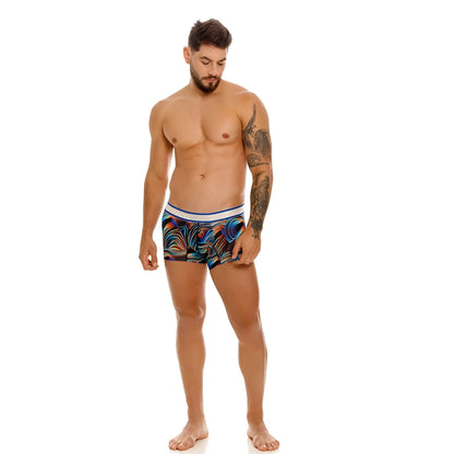 Men’s Unico 24100100104 Calamo trunks with vibrant blue orange purple wave pattern and solid white waistband