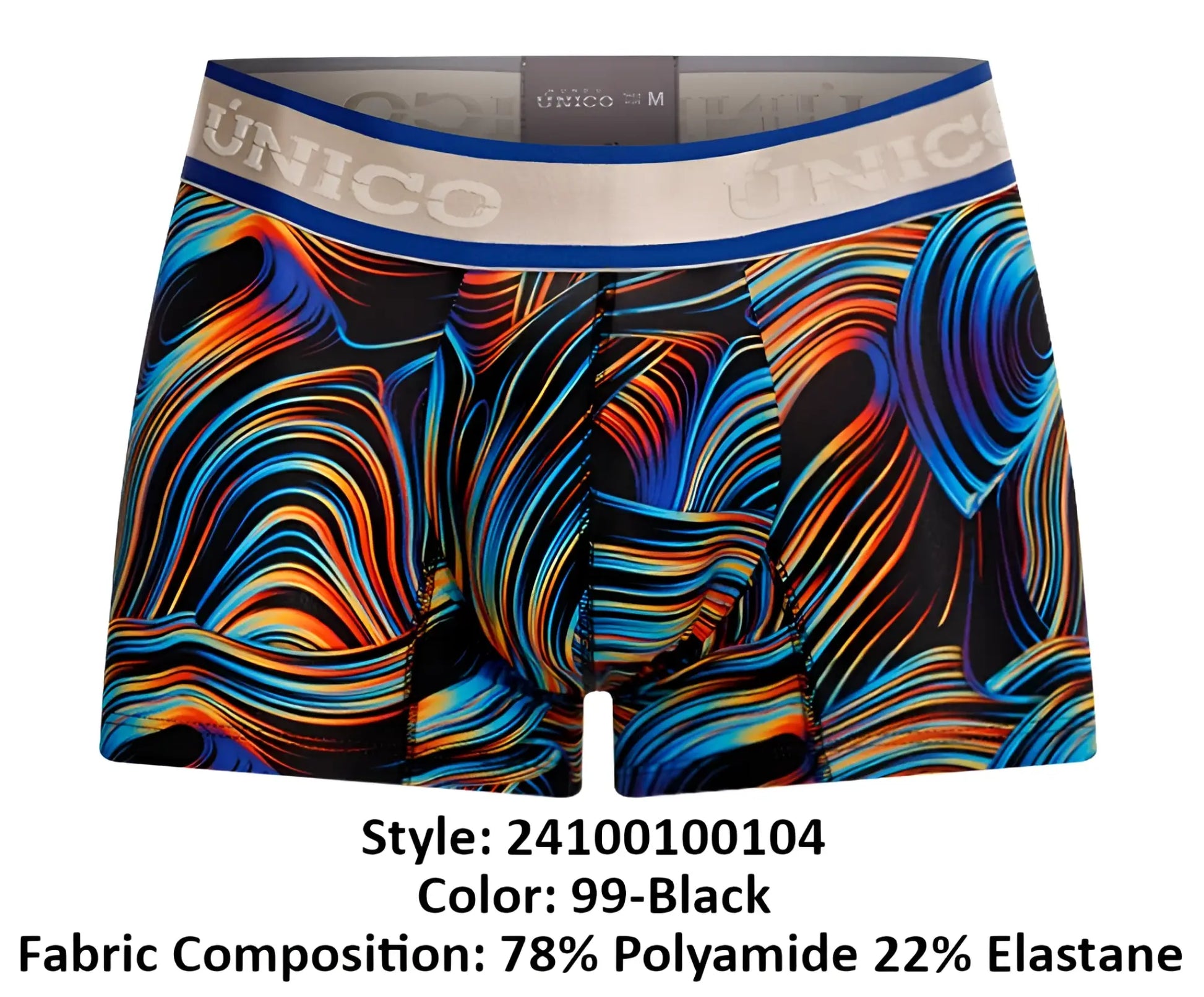 Vibrant swirling abstract patterned unico 24100100104 calamo trunks in black with blue orange red streaks on stretchy fabric waistband