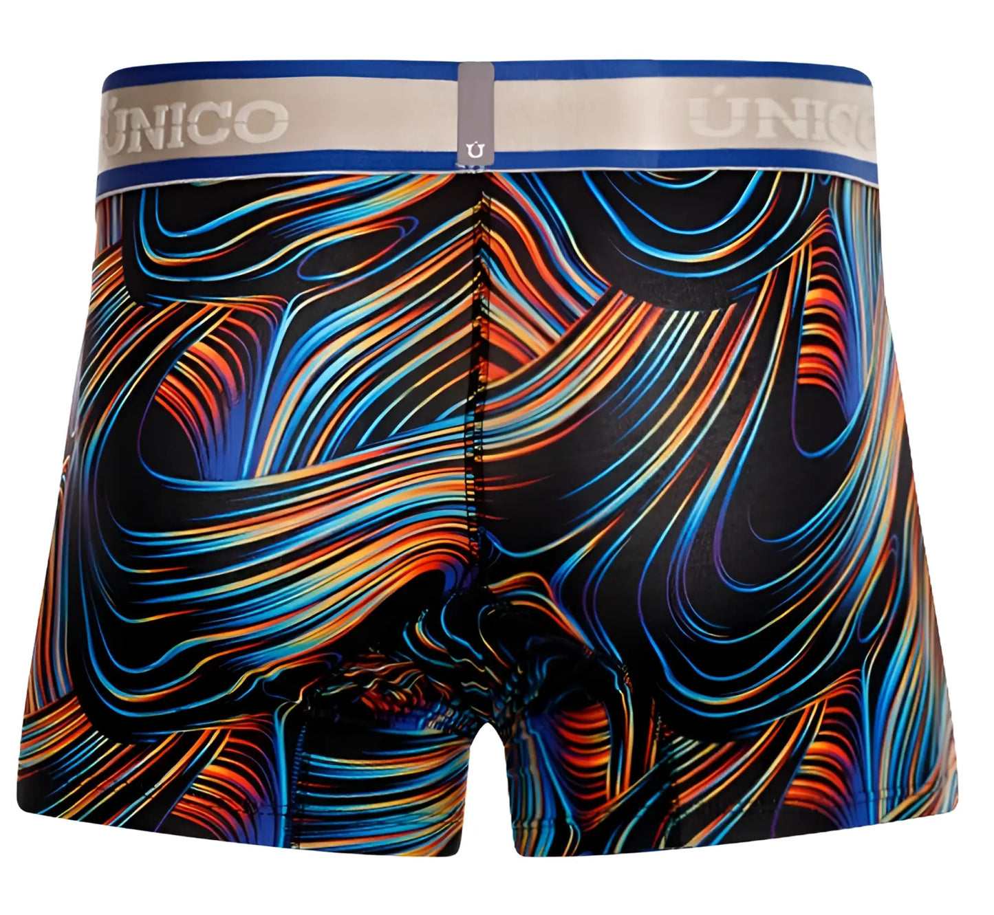 Unico 24100100104 calamo trunks color 99-black vibrant abstract swirl patterned men’s boxer briefs in blue orange and red