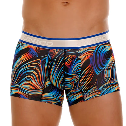 Unico 24100100104 Calamo trunks vibrant abstract swirl patterned men’s boxer briefs in blue orange yellow on black