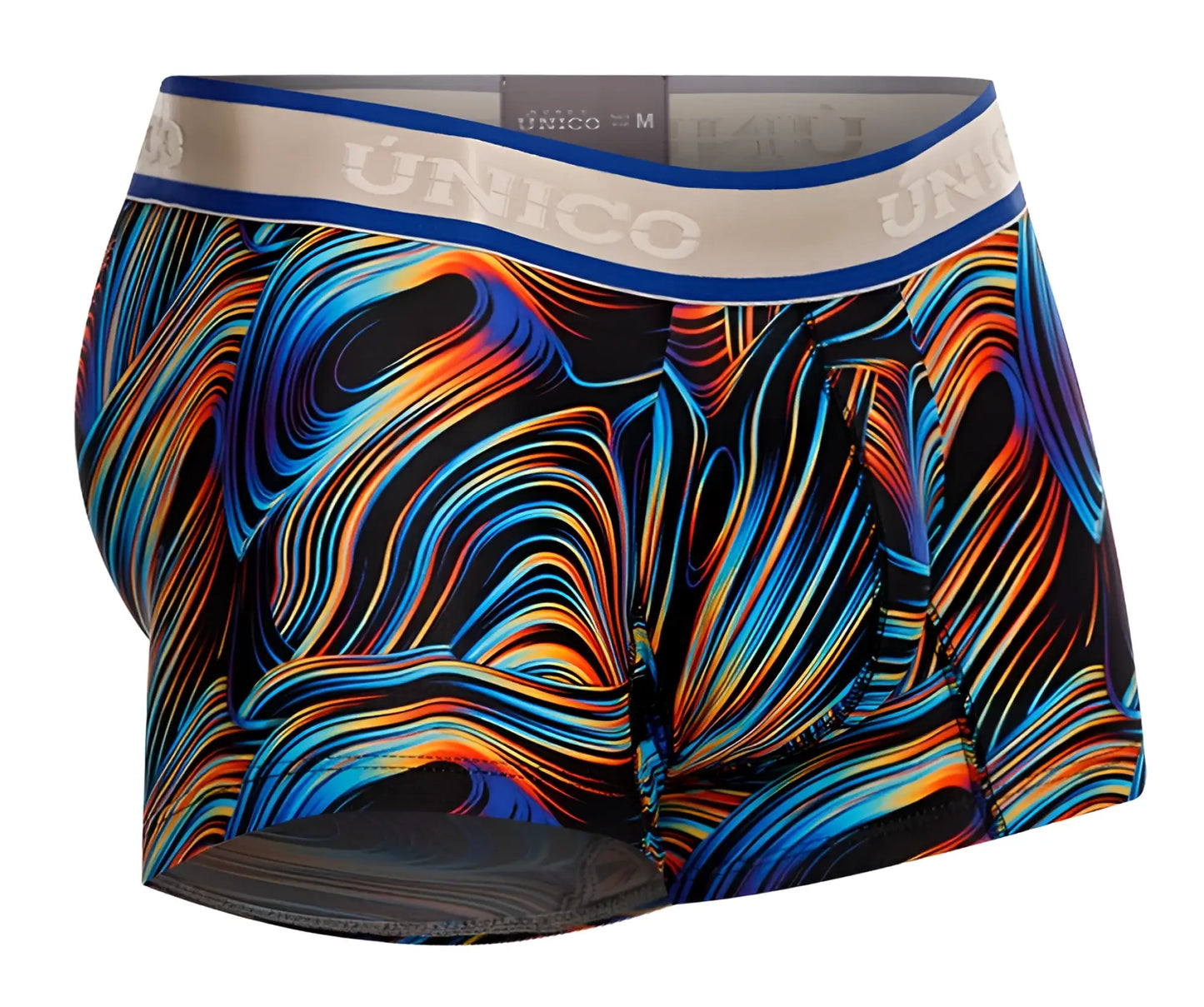 Vibrant abstract swirl-patterned unico men’s boxer briefs in blue orange and black with beige waistband calamo trunks color 99-black