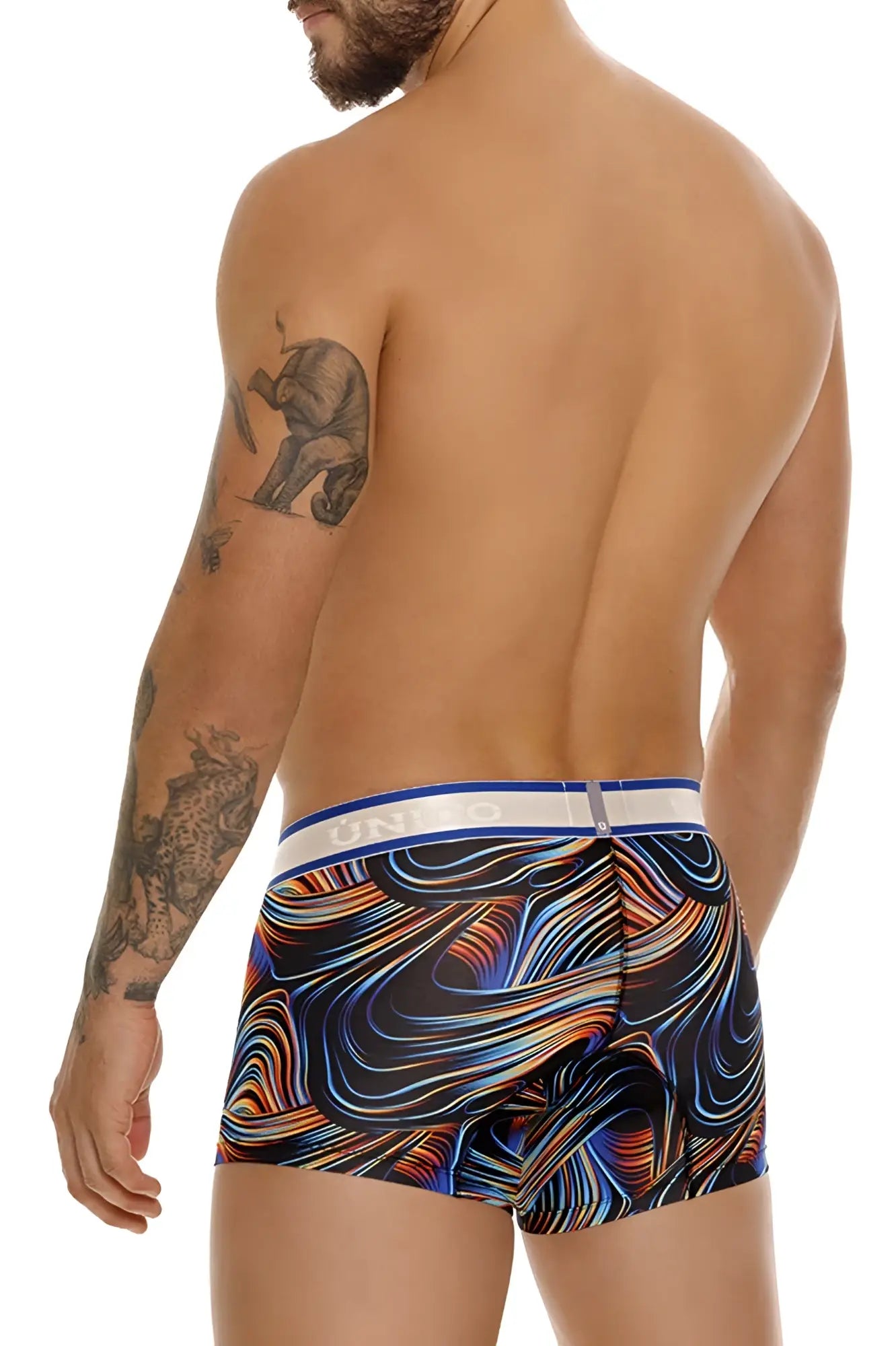 Unico calamo trunks vibrant abstract swirl-patterned boxer briefs in bold blues oranges and reds with white waistband