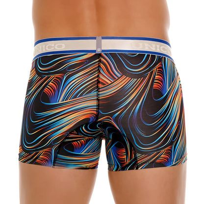 Unico 24100100104 calamo trunks color 99-black vibrant swirl-patterned men’s boxer briefs with blue and white waistband