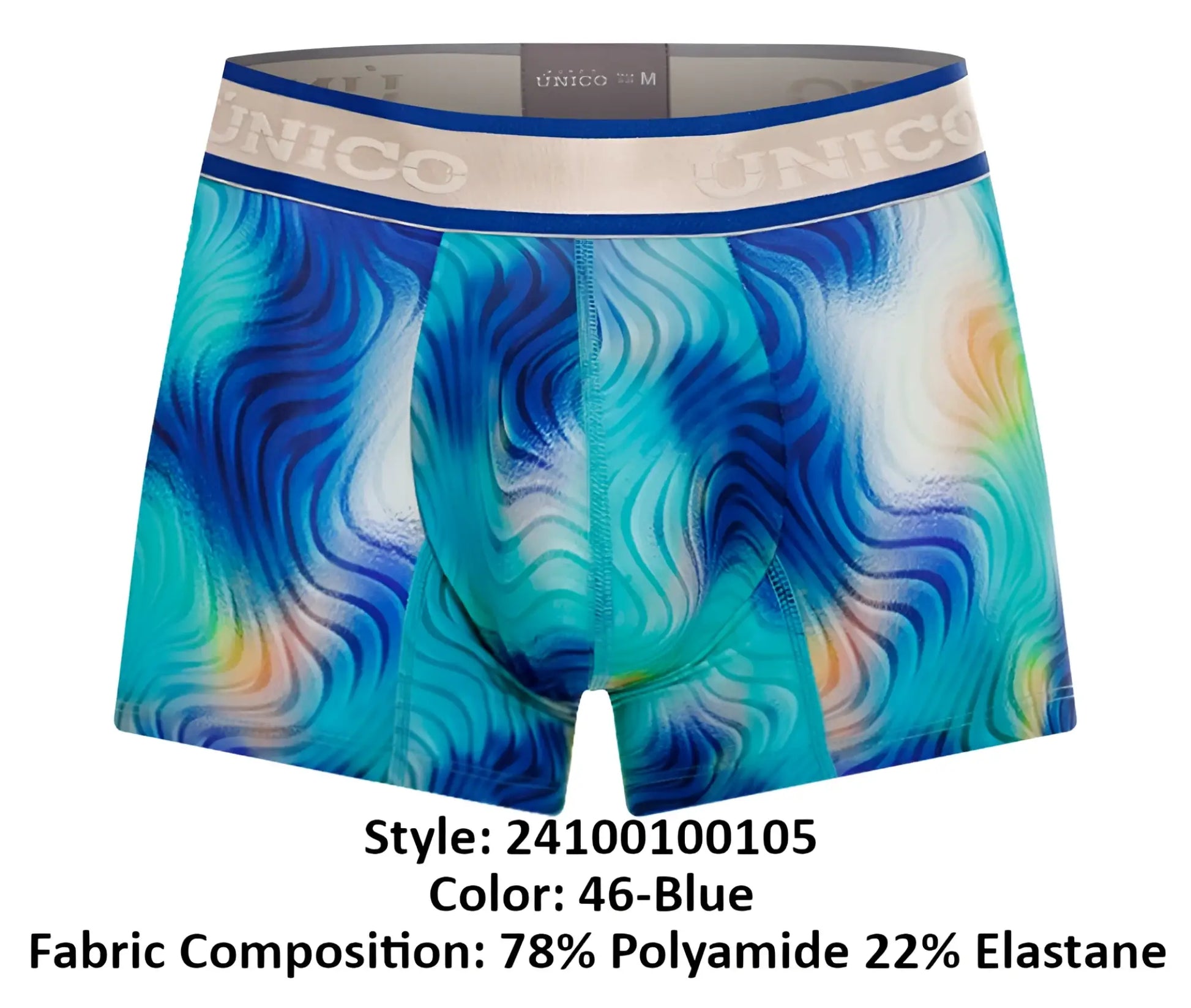 Unico moscatel trunks in blue and teal with abstract wave pattern and branded elastic waistband boxer briefs