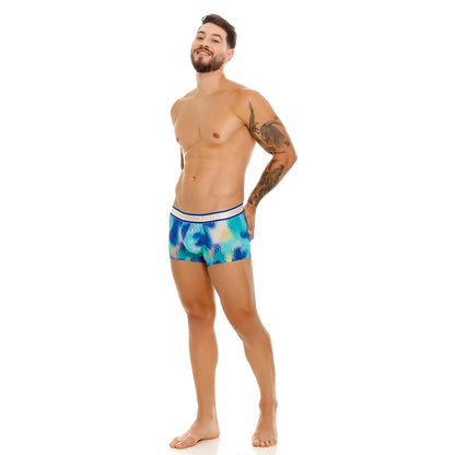 Unico Moscatel trunks in blue with teal pattern and white waistband made of soft breathable fabric for comfort