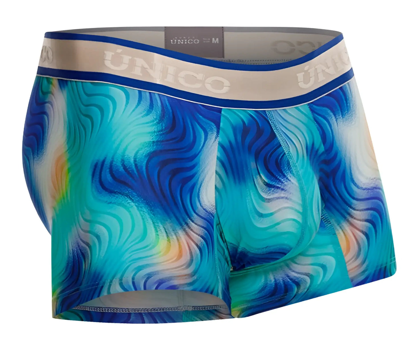 Unico 24100100105 moscatel trunks color 46-blue men’s boxer briefs with blue and teal waves and beige branded waistband