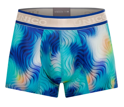 Unico 24100100105 moscatel trunks blue men’s boxer briefs with blue and teal wave pattern and navy waistband