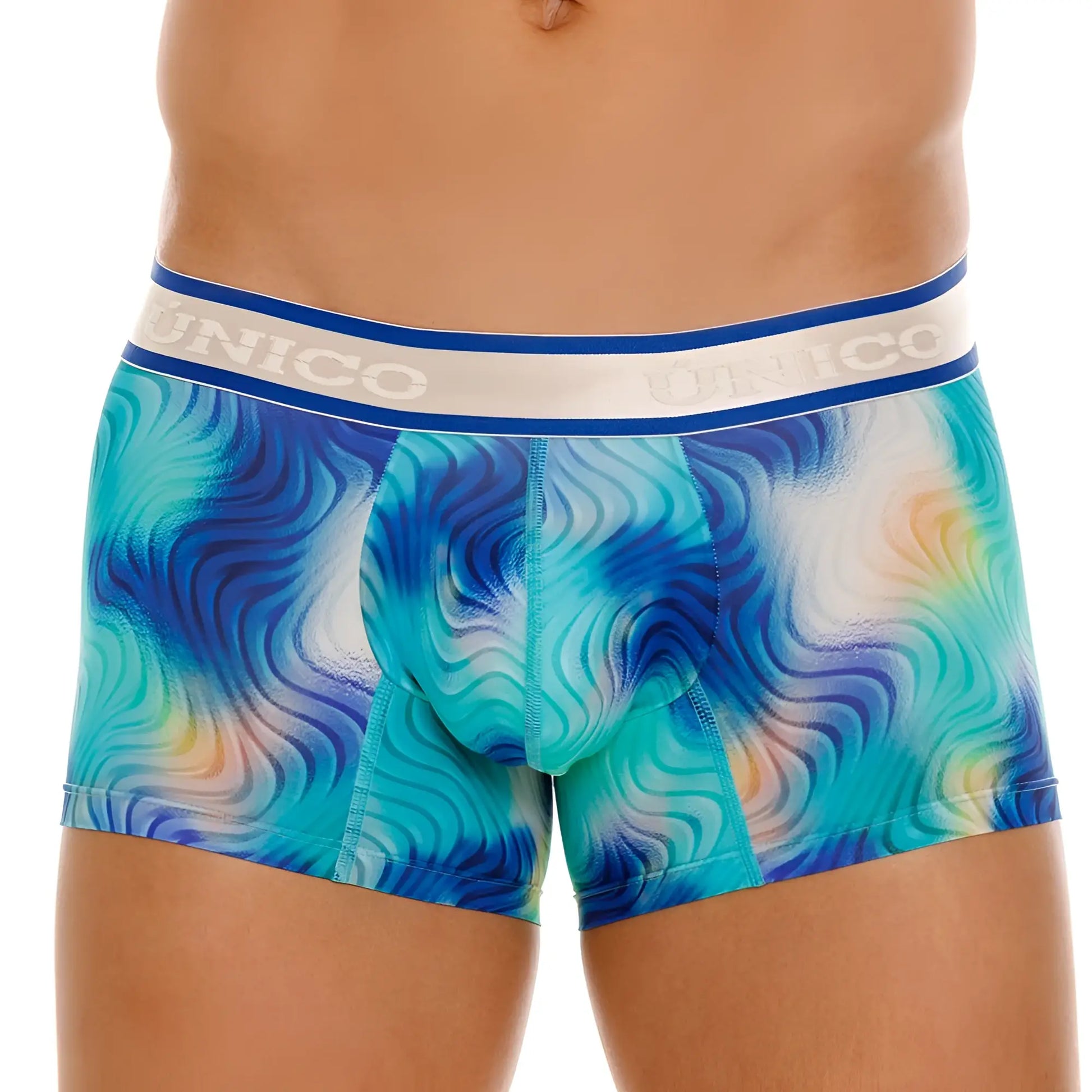 Unico 24100100105 Moscatel trunks in blue with teal wave pattern and white waistband featuring the Unico brand name