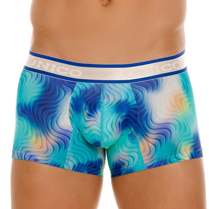 Unico 24100100105 Moscatel trunks in blue with teal wave pattern and white waistband featuring the Unico brand name