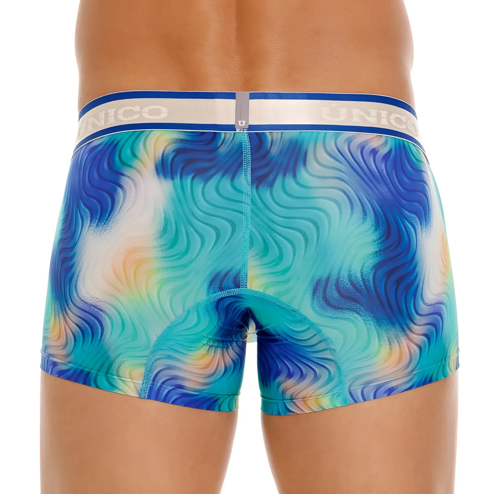 Unico 24100100105 moscatel trunks in blue teal and yellow wavy pattern mens boxer briefs with white unico waistband