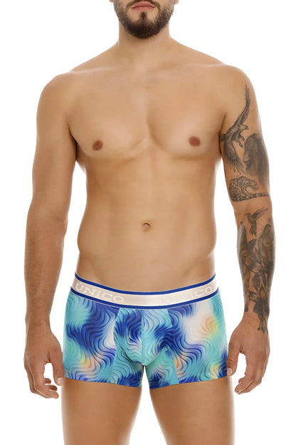 Unico 24100100105 Moscatel trunks in blue and turquoise abstract wave pattern with white elastic waistband featuring Unico