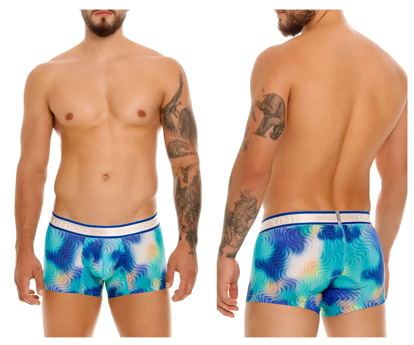 Unico Moscatel trunks in blue with turquoise wave pattern and white waistband featuring the brand name