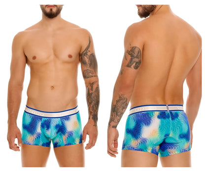 Unico Moscatel trunks in blue with turquoise wave pattern and white waistband featuring the brand name