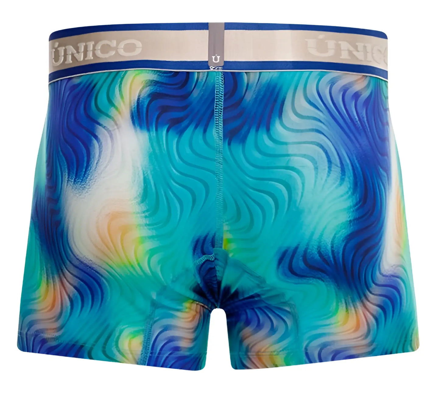 Unico 24100100105 moscatel trunks vibrant tie-dye boxer briefs in blue teal and orange with navy unico waistband