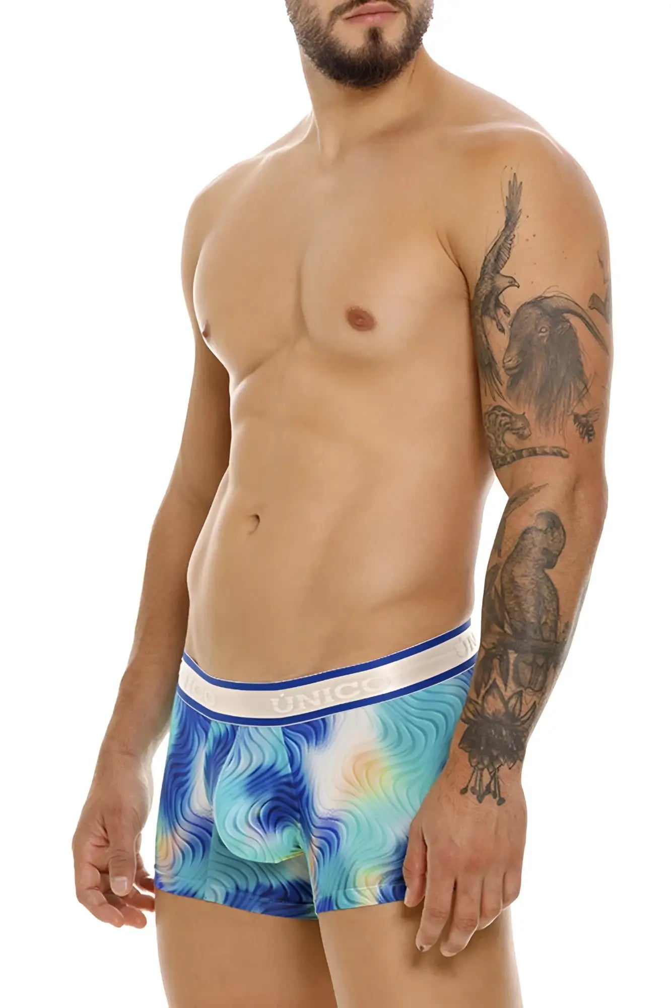 Blue and white patterned men’s boxer briefs with swirling oceanic design from Unico Moscatel trunks color 46-blue