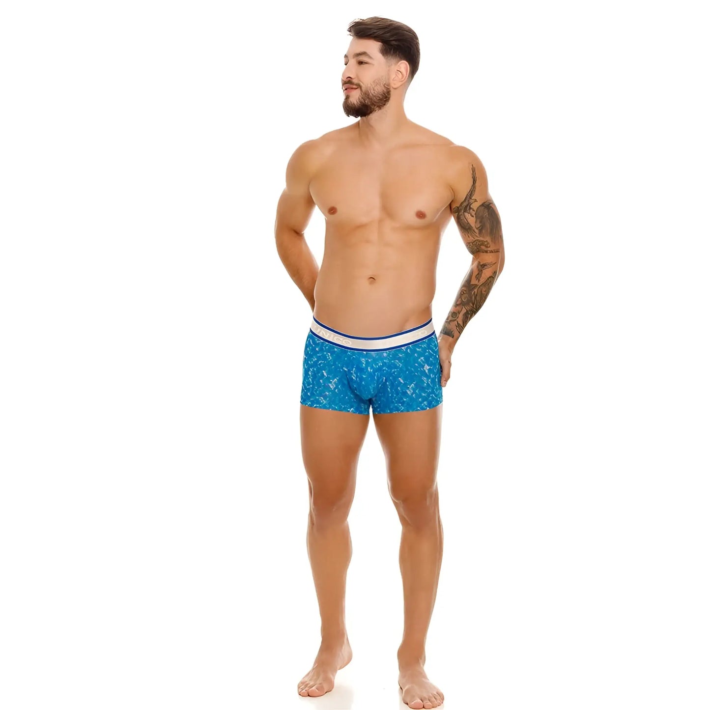 Unico palindromo trunks blue patterned boxer briefs with white and blue elastic waistband front view