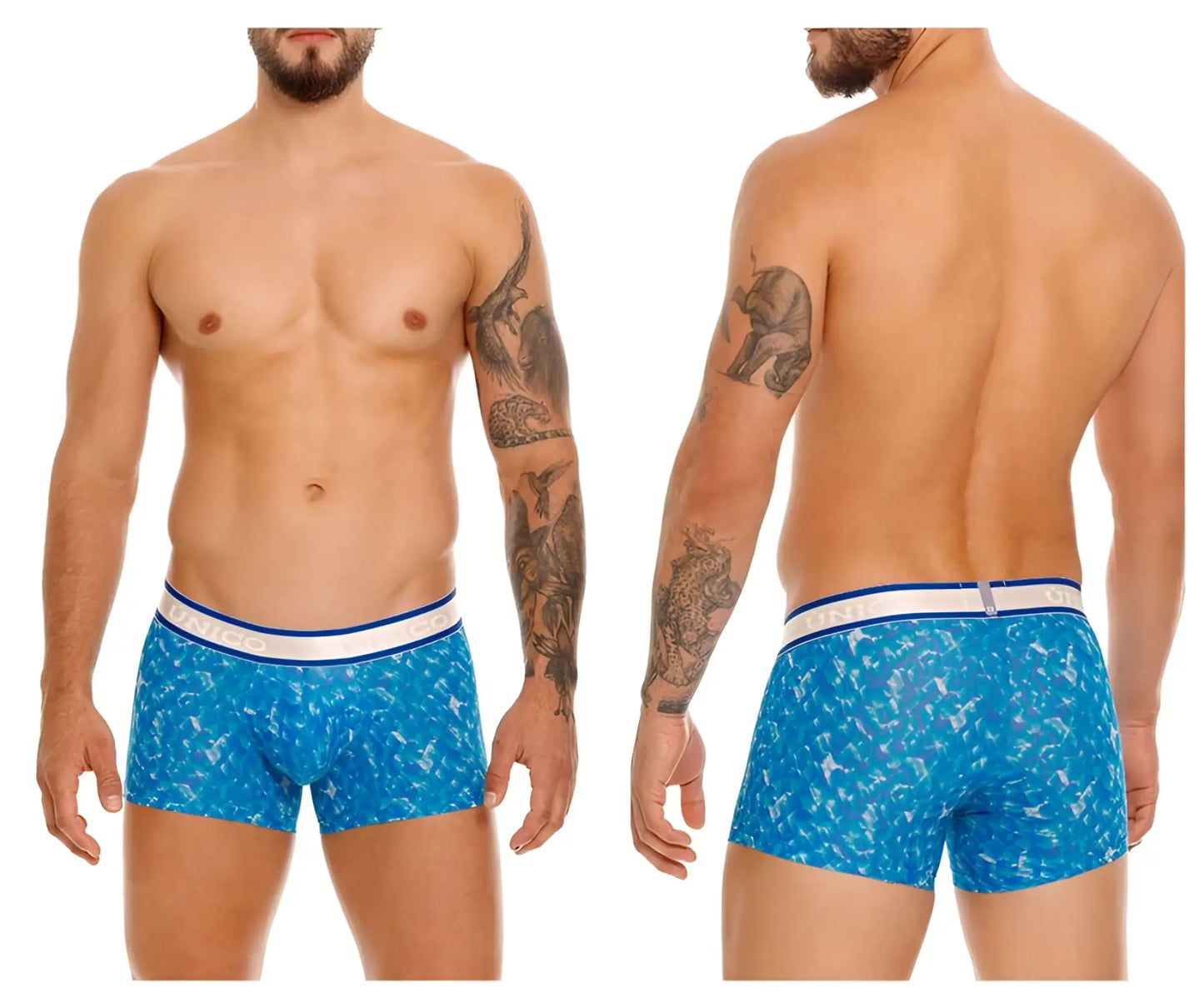 Blue patterned unico palindromo trunks with a white and blue striped waistband for comfortable everyday wear