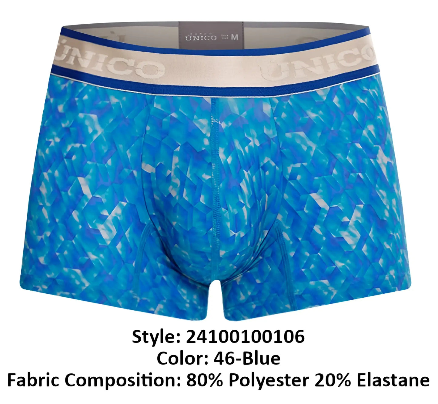 Blue patterned men’s boxer briefs with geometric design and unico branded waistband in color 46-blue palindromo trunks