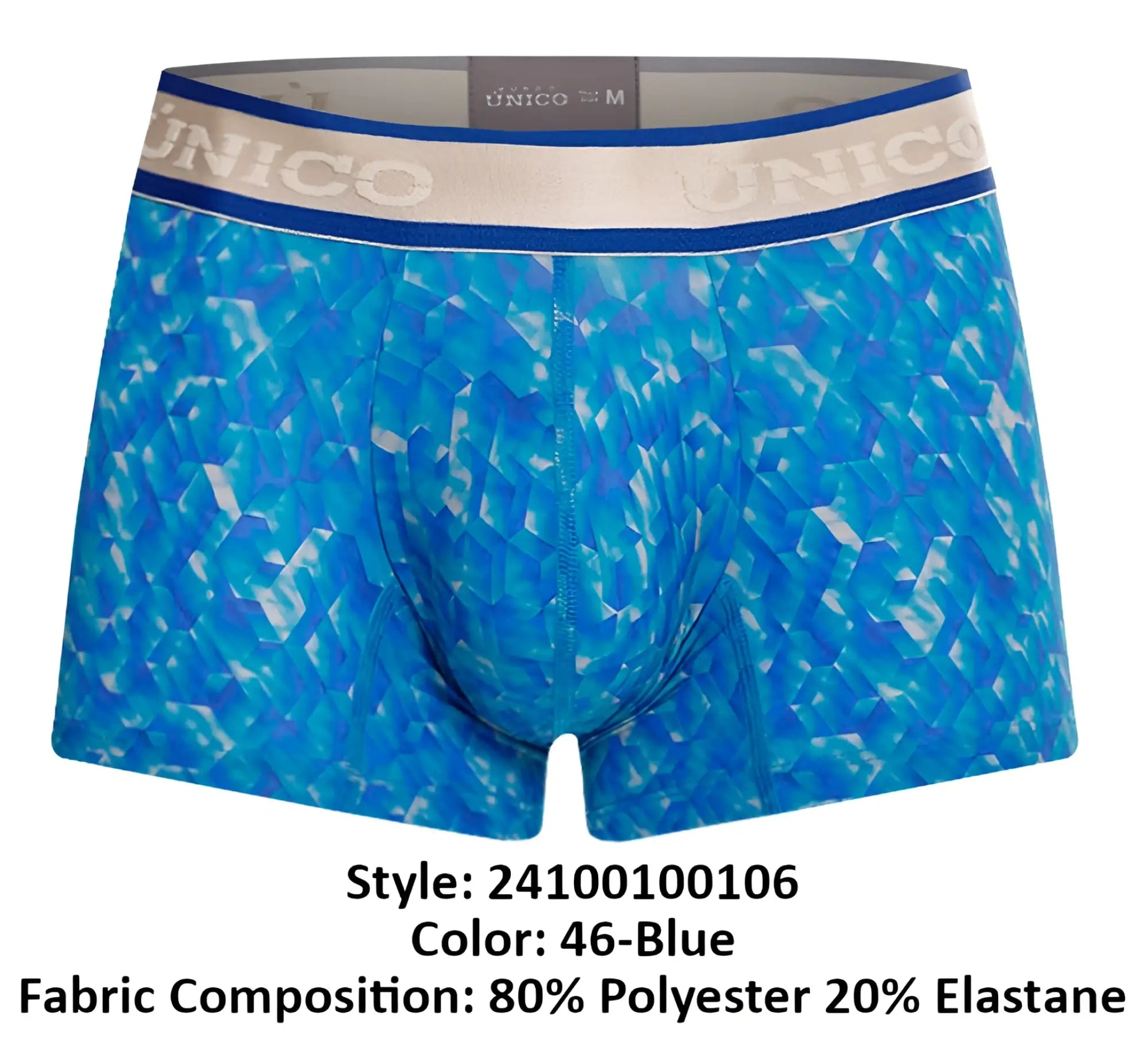 Blue patterned men’s boxer briefs with geometric design and unico branded waistband in color 46-blue palindromo trunks