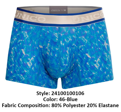 Blue patterned men’s boxer briefs with geometric design and unico branded waistband in color 46-blue palindromo trunks