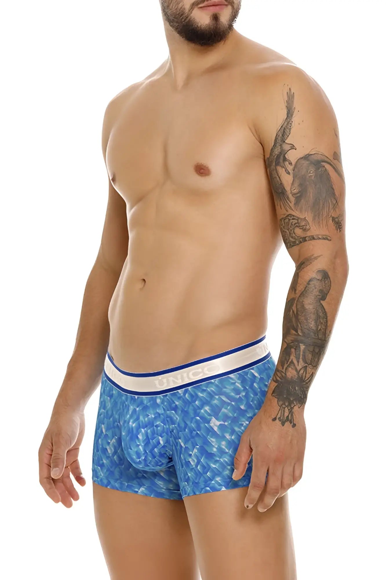 Unico 24100100106 palindromo trunks in blue feature patterned men’s boxer briefs with white and blue elastic waistband
