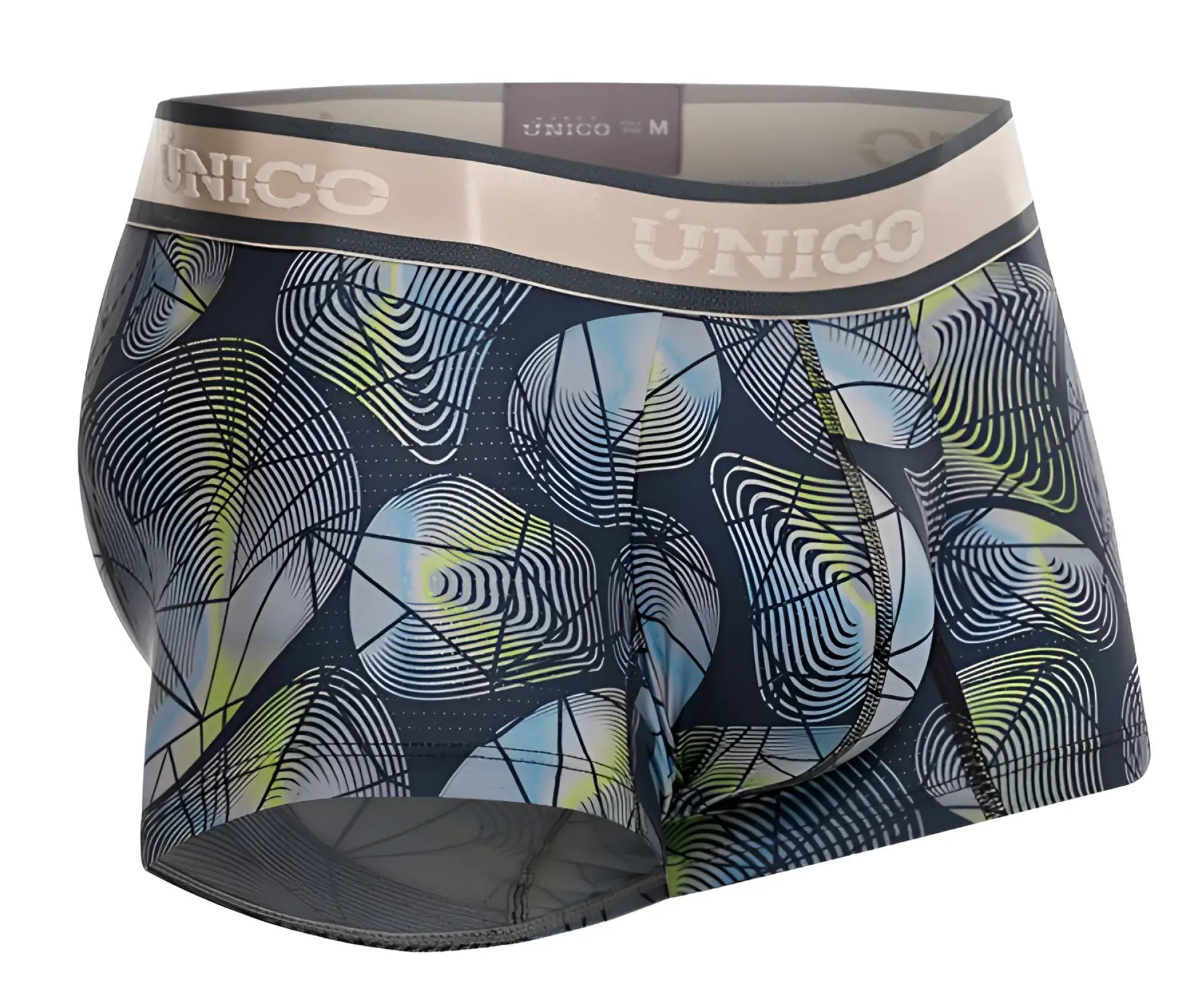 Dark blue unico men’s boxer briefs with vibrant abstract light blue lime green and white geometric pattern gray color