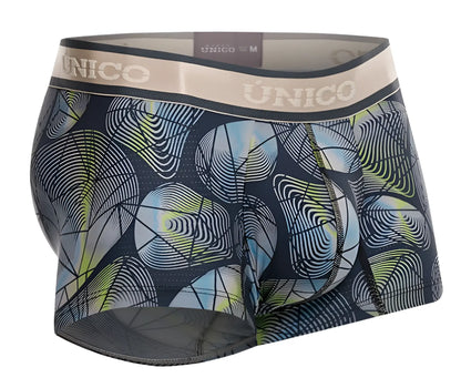 Dark blue unico men’s boxer briefs with vibrant abstract light blue lime green and white geometric pattern gray color