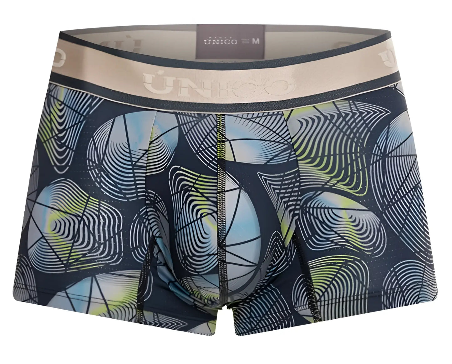 Dark blue unco 24100100113 resplandecer trunks with bold abstract light blue lime green and white swirl pattern
