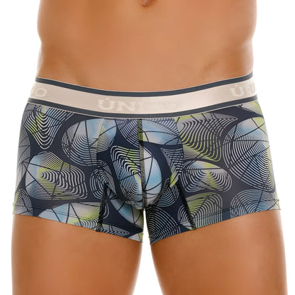 Dark blue unico 24100100113 resplandecer trunks with vibrant abstract light blue white lime geometric pattern and beige waistband