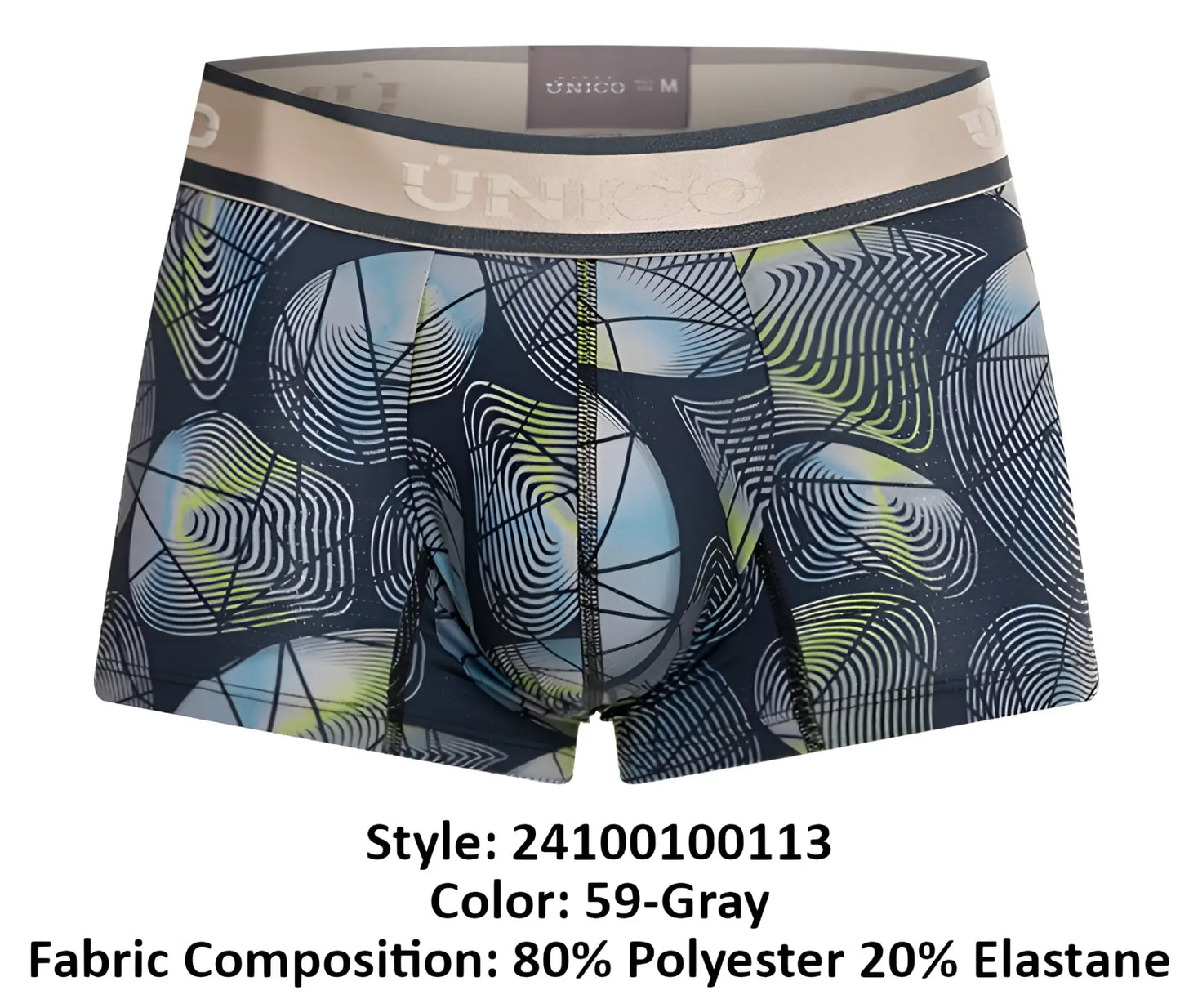 Dark gray unico 24100100113 resplandecer trunks with bold light blue white and lime green concentric circle pattern