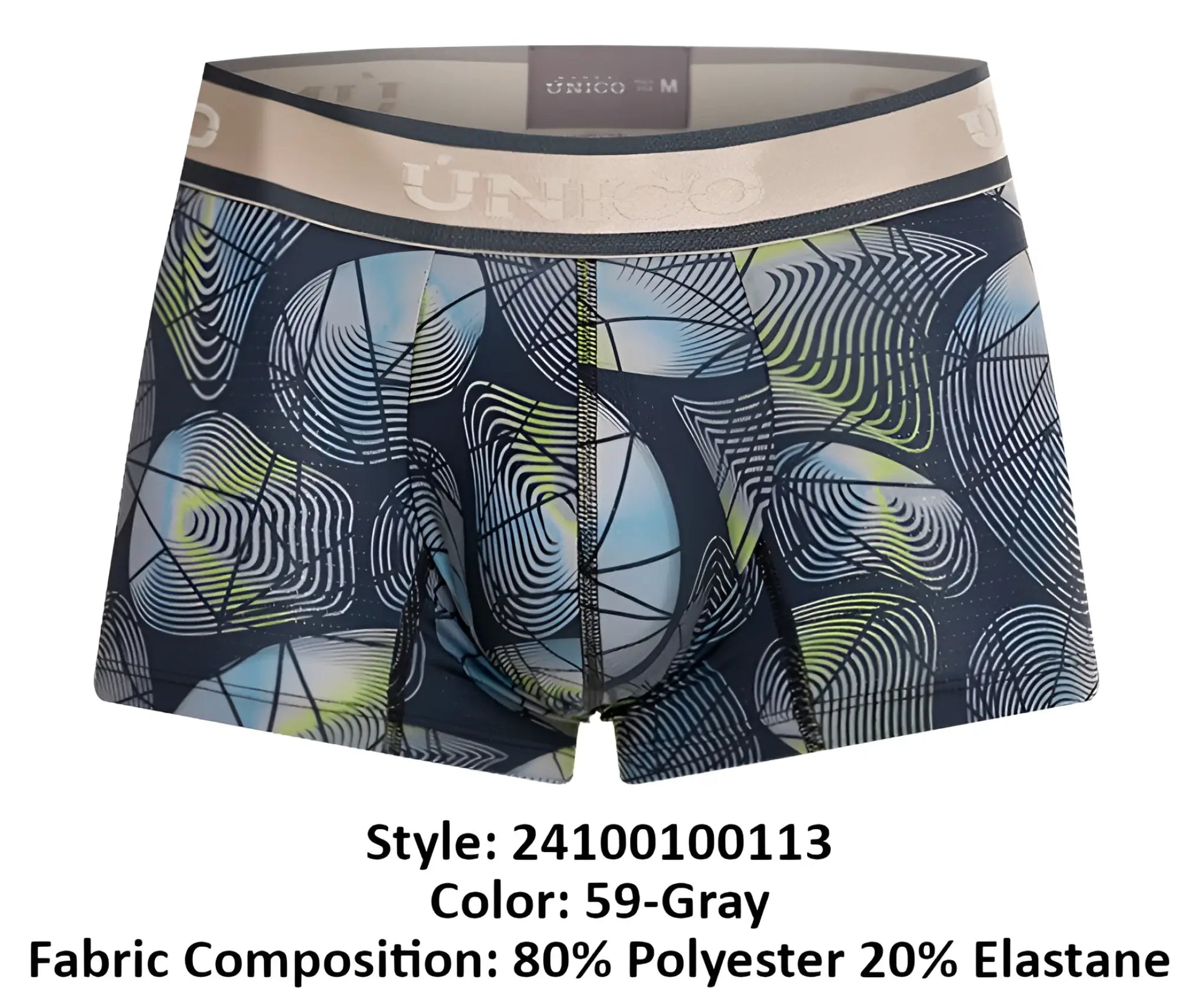 Dark gray unico 24100100113 resplandecer trunks with bold light blue white and lime green concentric circle pattern