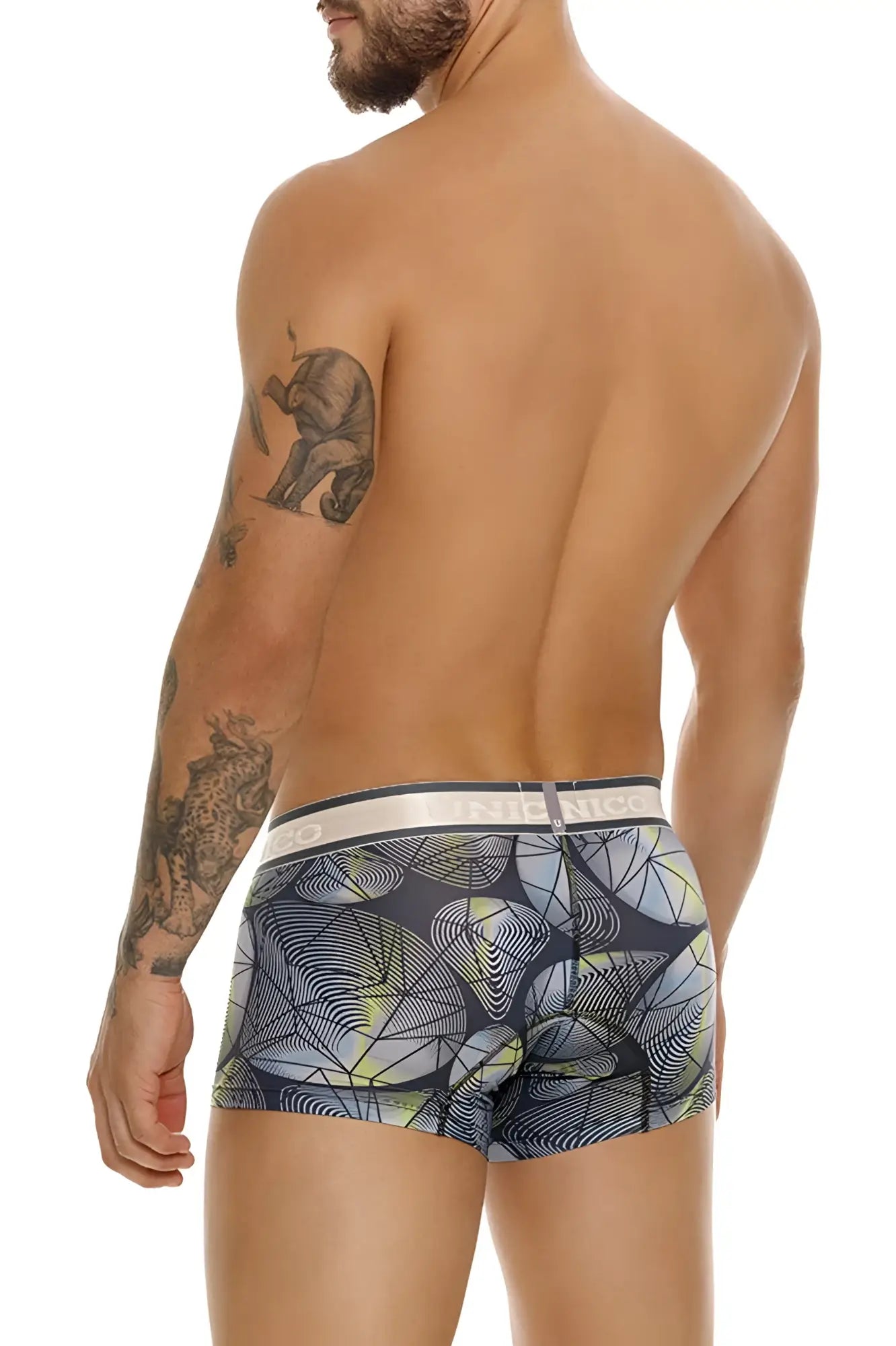 Men’s unico 24100100113 resplandecer trunks boxer briefs with bold gray black and lime green geometric pattern on dark fabric