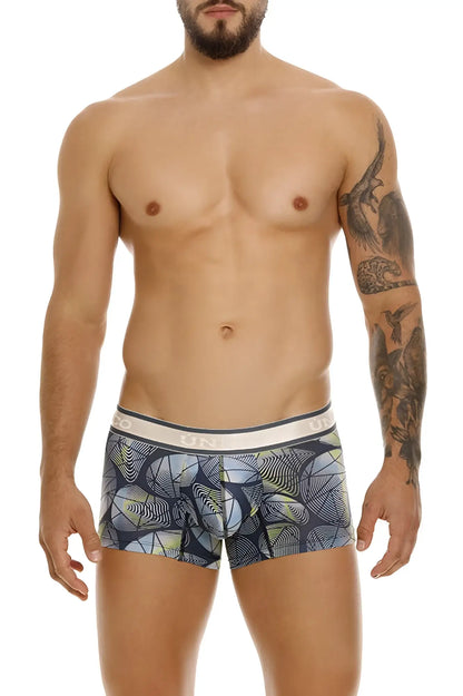 Unico 24100100113 resplandecer trunks color 59 gray men’s boxer briefs with dark blue and gray abstract pattern and white waistband