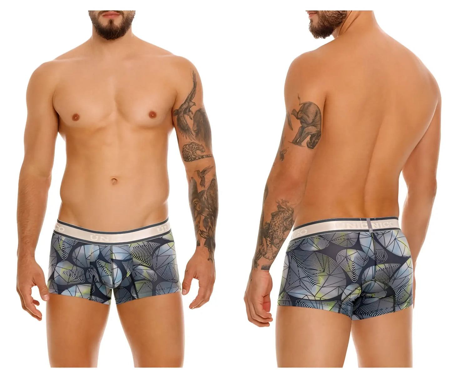 Men’s boxer briefs unico 24100100113 resplandecer trunks in blue gray green leaf pattern on navy with white waistband